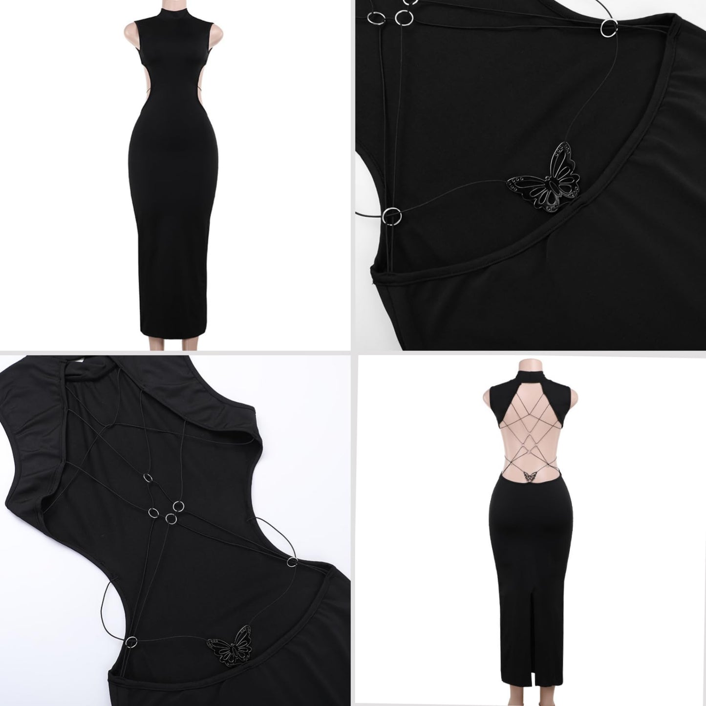 Women's Sexy Mock Neck Criss Cross Wrap Maxi Dress Silver Metal Butterfly Bodycon Long Dress Backless Party Dress