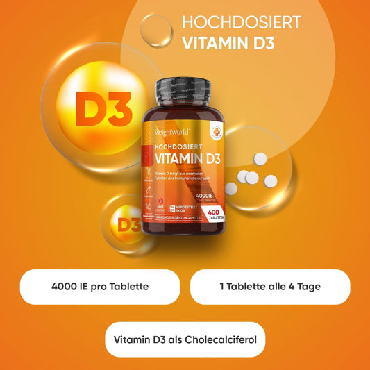 Vitamin D3 4000 IE - 400 Tabletten (1 Tablette alle 4 Tage) - Sonnenvitamin - Frei von Magnesiumstearat, Ohne Gentechnik, Vegatarisch - Cholecalciferol Vitamin D von WeightWorld