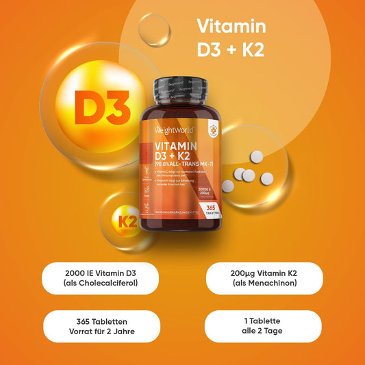 Vitamin D3 K2 2000 IU - 400 tablets with 75mcg Vit K2 All-Trans MK-7 - 1 tablet every 2 days - natural ingredients and vitamin D3 2000 IU from a vegan source (lichen). WeightWork ld