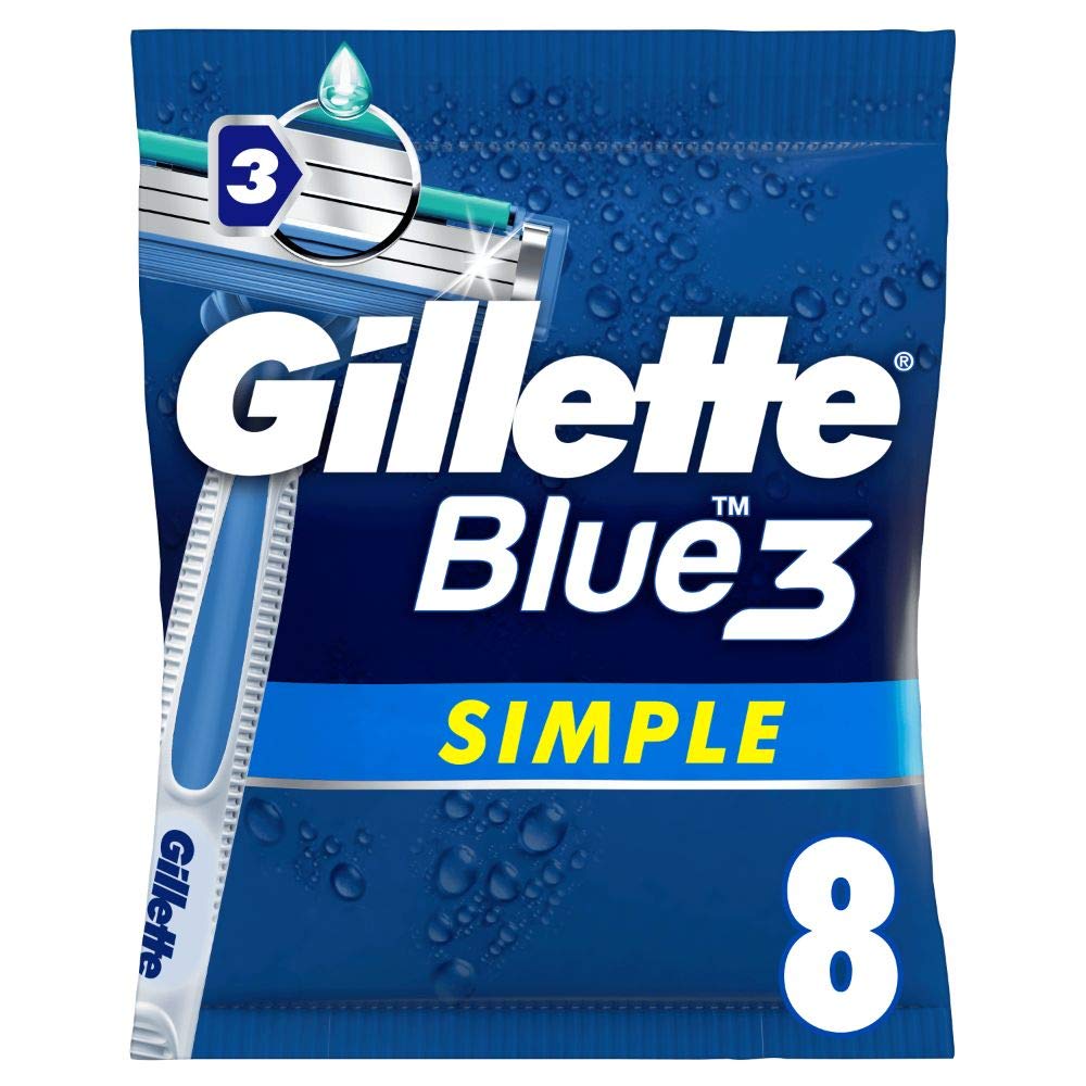 Gillette Blue3 Simple Men's Disposable Razor, 8 Razors with Triple Blade, Wet Razor with Fixed Blade Head, Moisture Strips