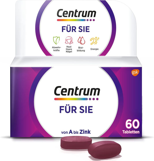 Multivitamin - Centrum Für Sie, 60 St. - Hochwertiges Nahrungsergänzungsmittel mit Mikronährstoffen speziell für Frauen - Vitamine, Mineralstoffe und Spurenelemente zur täglichen Komplettversorgung