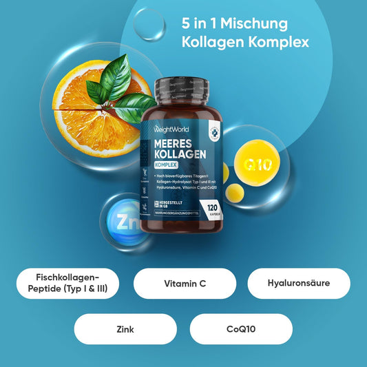 WeightWorld Collagen Complex Capsules with Hyaluronic Acid, Vitamin C, CoQ10 and Zinc, 1200 mg, Hydrolised Marine Collagen, 120 Capsules, for Skin, Hair, Bones, Joints, Laboratory Tested