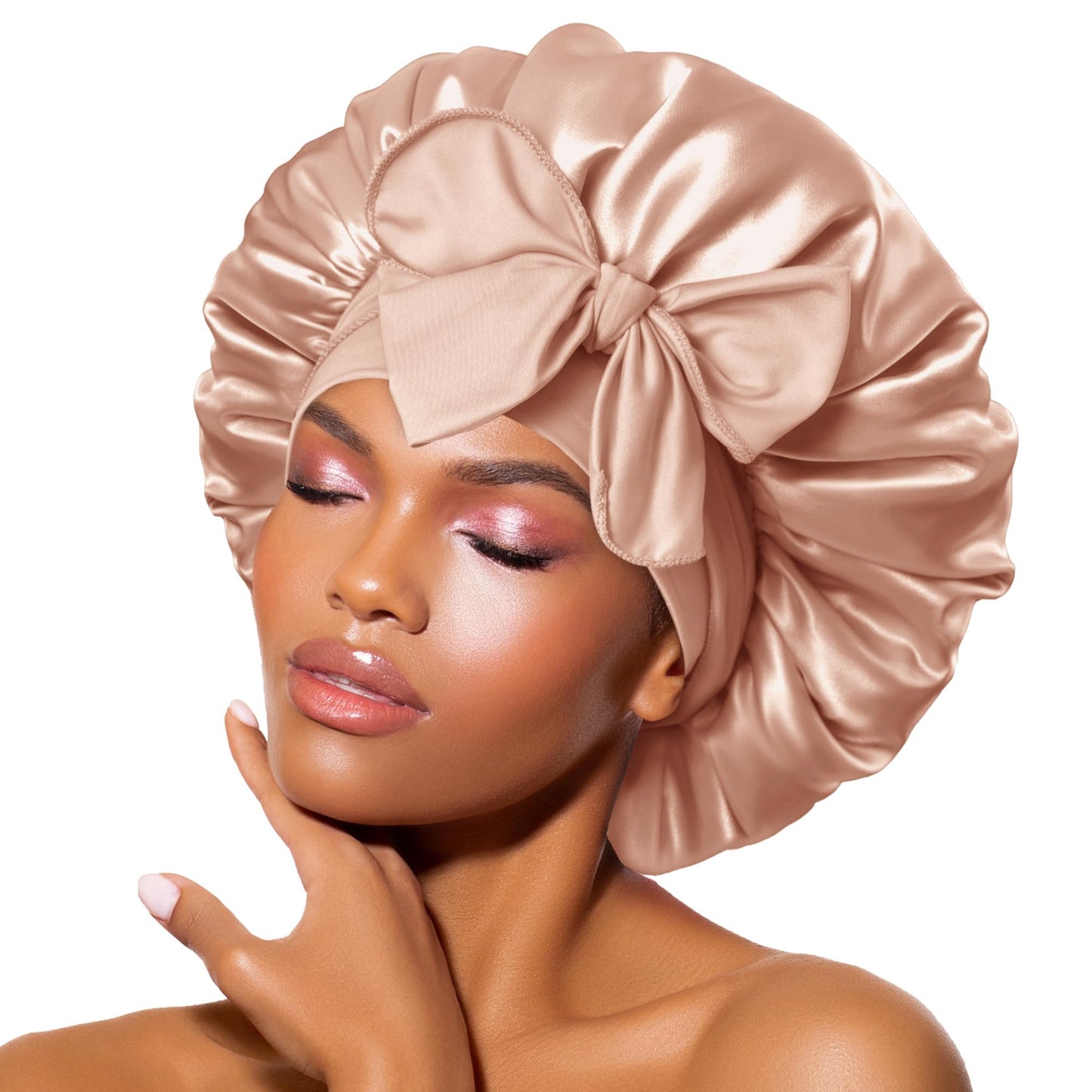 BONNET QUEEN Satin Silk Sleep Cap, Adjustable Women’s/Men’s Bonnet, Night Hair Care Protection Head Cap for Curly, Long Hair, Smooth, Breathable (M, Black)