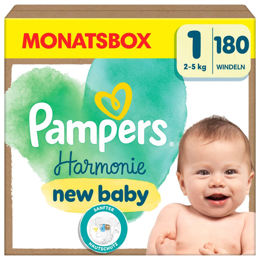 Pampers Harmonie Nappies Size 1, 180 Nappies, 2 kg - 5 kg, Gentle Skin Protection with 100% Pampers Protection