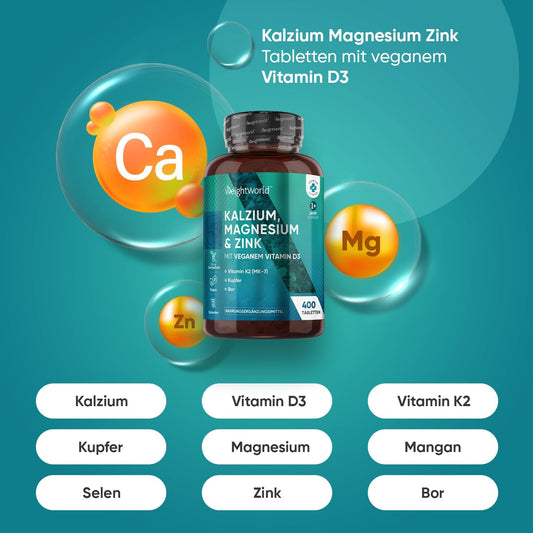 Calcium Magnesium Zinc - 400 Tablets 1+ Year - Magnesium, Vitamin D3, K2, Boron, Selenium, Copper - 500 mg Calcium - Vegan - 1 Tablet Per Day - Gluten Free - Alternative to Capsules - WeightWorld