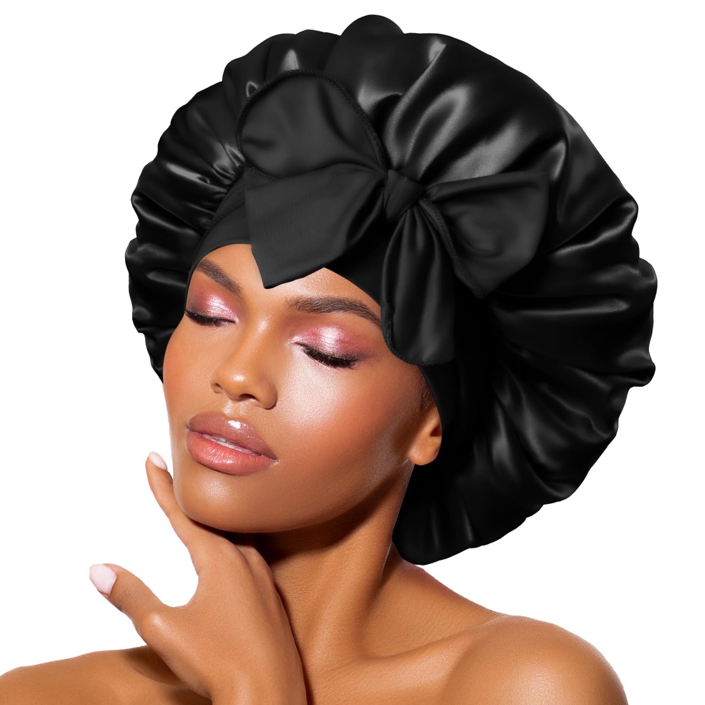 BONNET QUEEN Satin Silk Sleep Cap, Adjustable Women’s/Men’s Bonnet, Night Hair Care Protection Head Cap for Curly, Long Hair, Smooth, Breathable (M, Black)