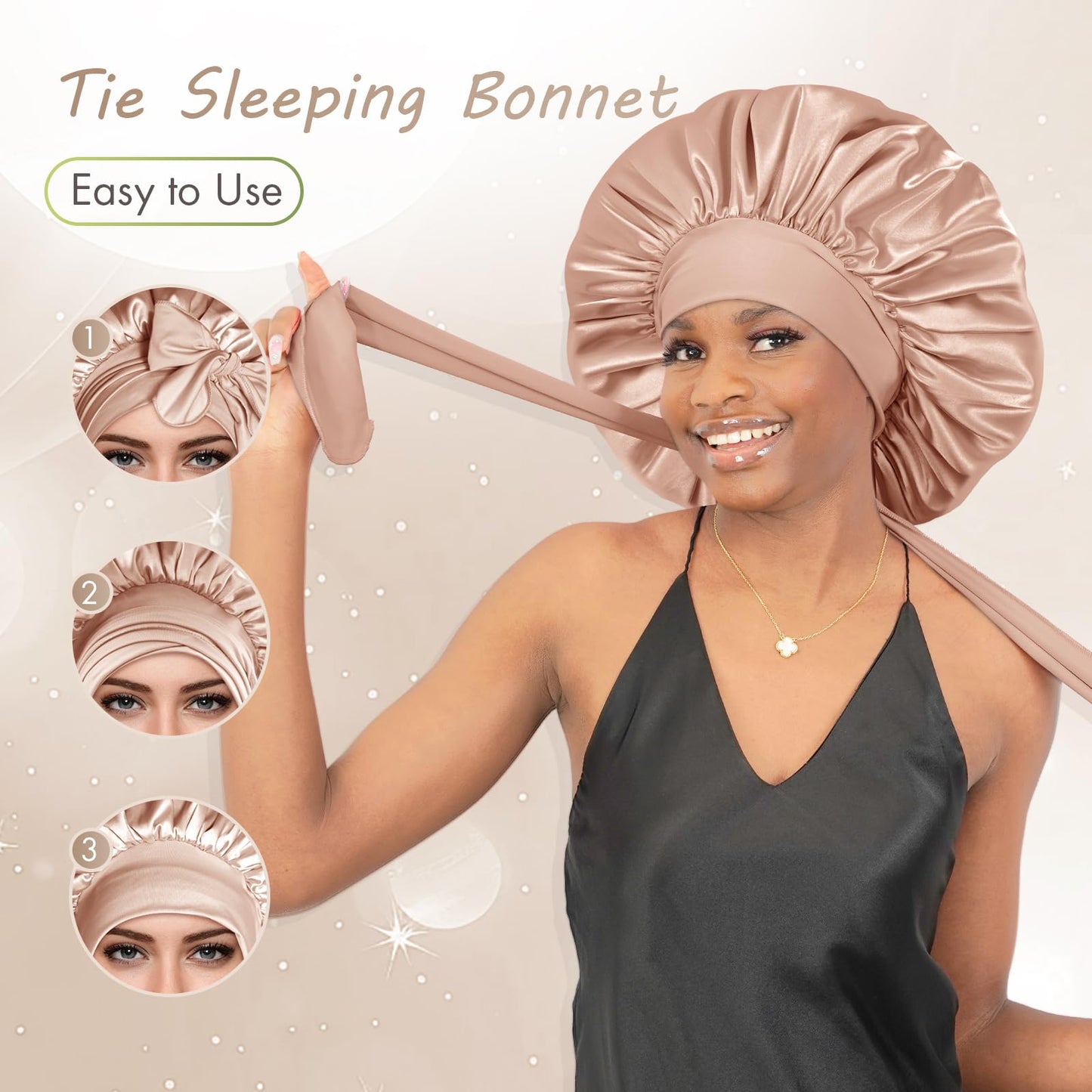 BONNET QUEEN Satin Silk Sleep Cap, Adjustable Women’s/Men’s Bonnet, Night Hair Care Protection Head Cap for Curly, Long Hair, Smooth, Breathable (M, Black)