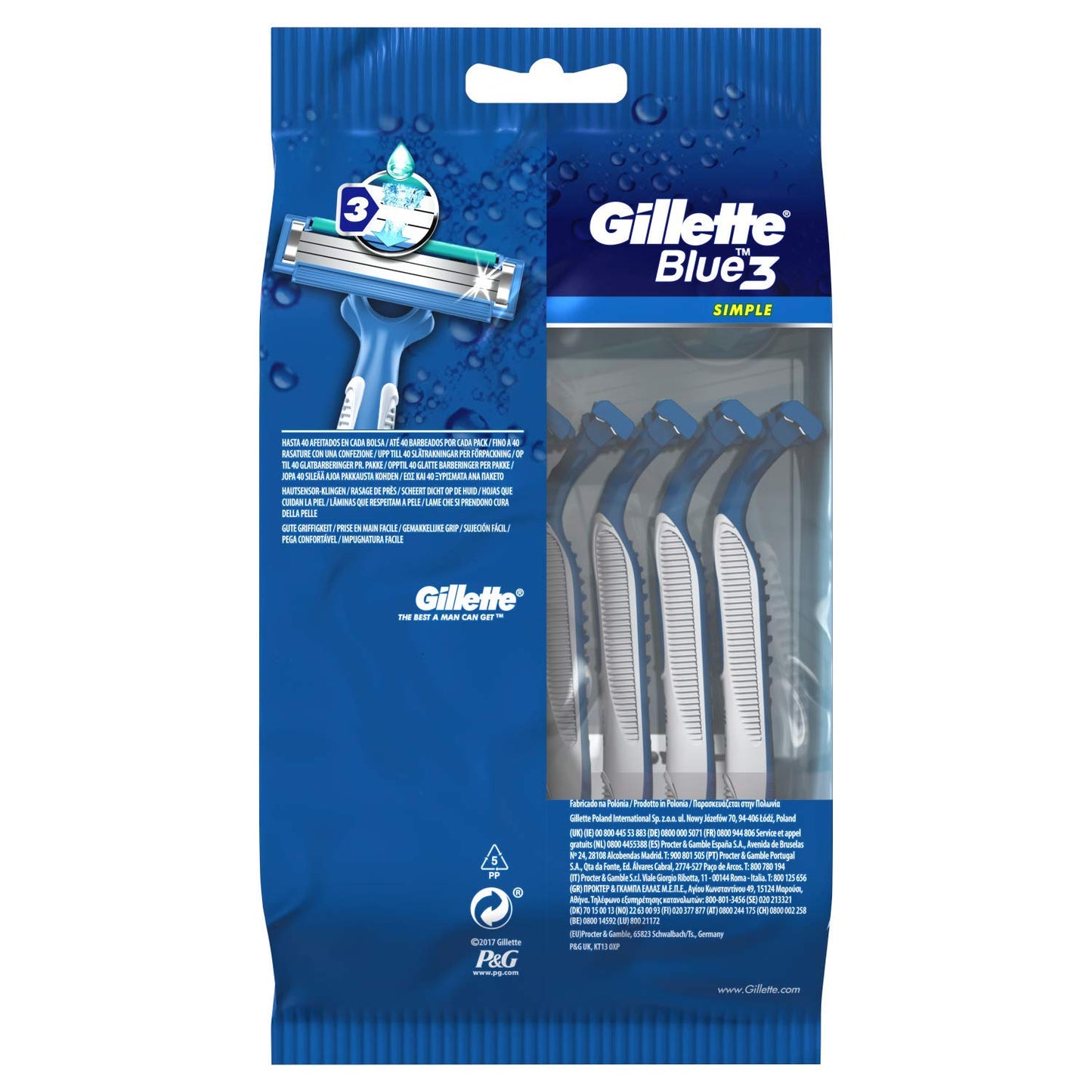 Gillette Blue3 Simple Men's Disposable Razor, 8 Razors with Triple Blade, Wet Razor with Fixed Blade Head, Moisture Strips