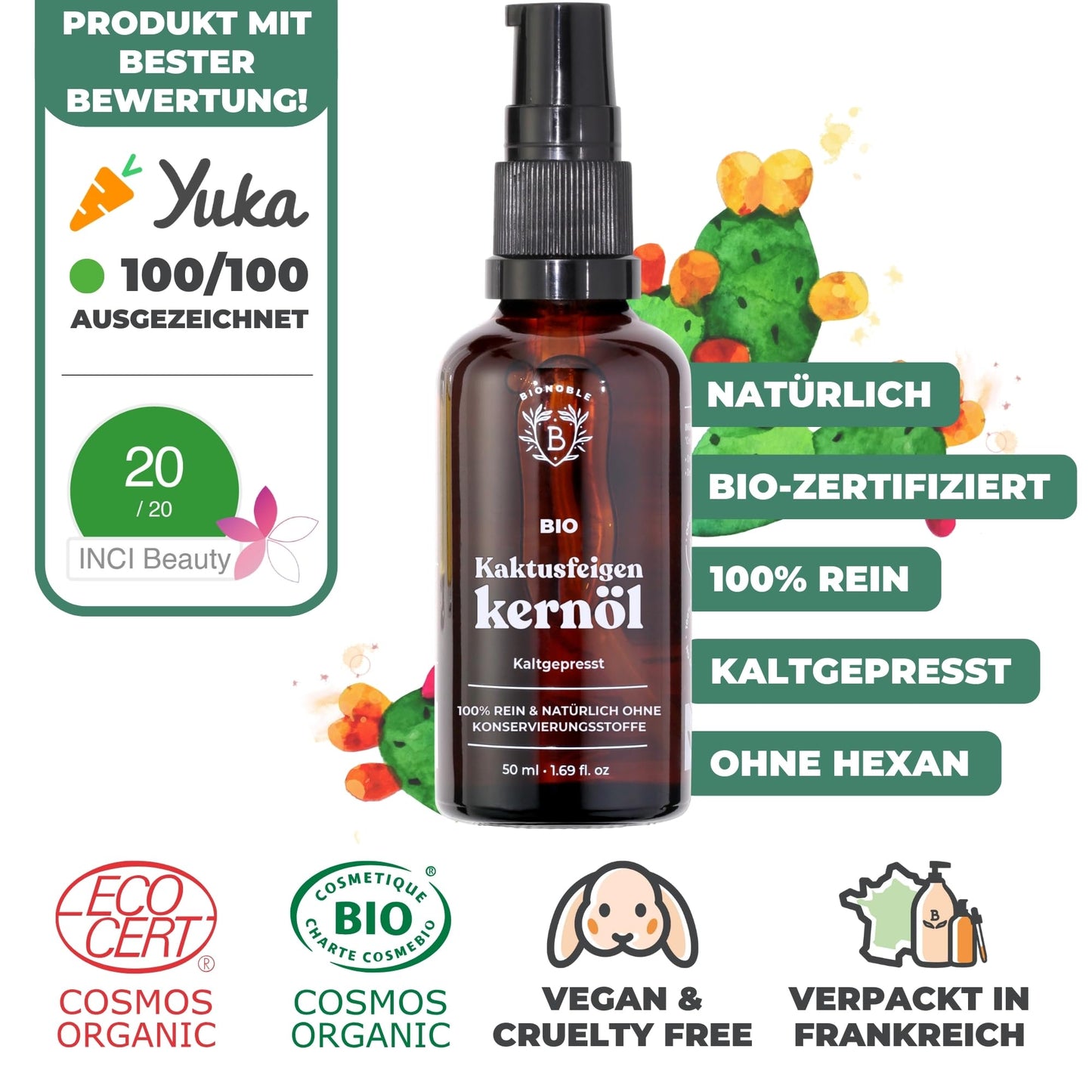 Bionoble Organic Castor Oil, 50 ml, 100% Pure, Natural and Cold Pressed, for Eyelashes, Eyebrows, Hair, Beard, Nails, Vegan and Cruelty-Free, Glass Bottle + Pipette + Pump