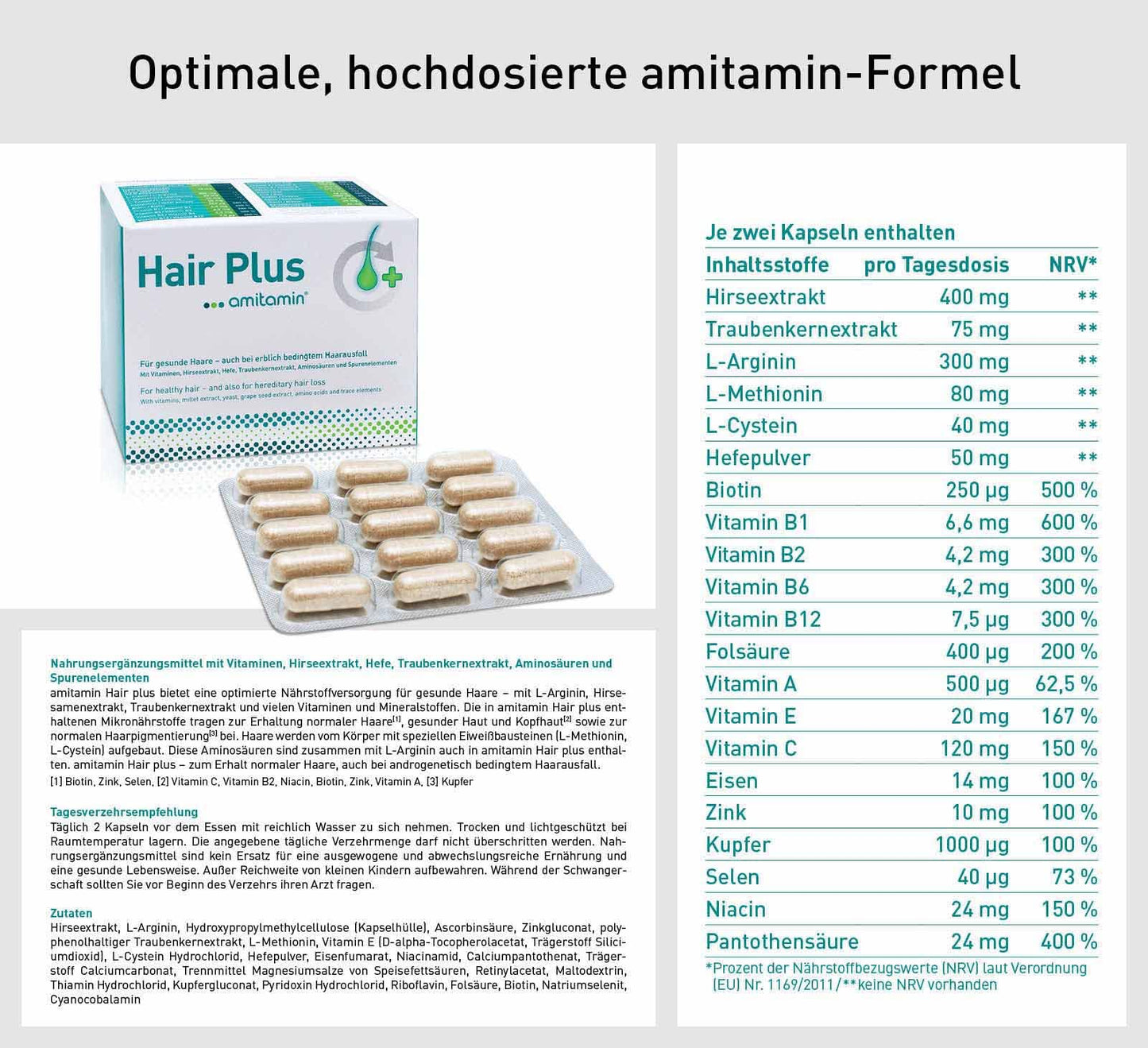 amitamin© Hair Plus Haar Vitamine | 60 Komplex Kapseln hochdosiert | Zink, Kupfer, Biotin, Selen, Folsäure plus 16 wichtige Nährstoffe | auch gegen erblichen Haarausfall | vegan | deutsche Herstellung