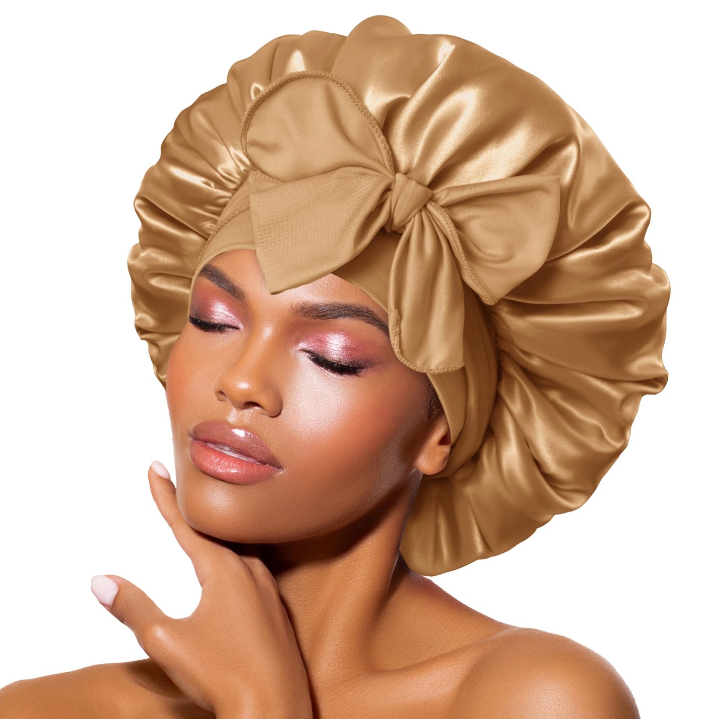 BONNET QUEEN Satin Silk Sleep Cap, Adjustable Women’s/Men’s Bonnet, Night Hair Care Protection Head Cap for Curly, Long Hair, Smooth, Breathable (M, Black)