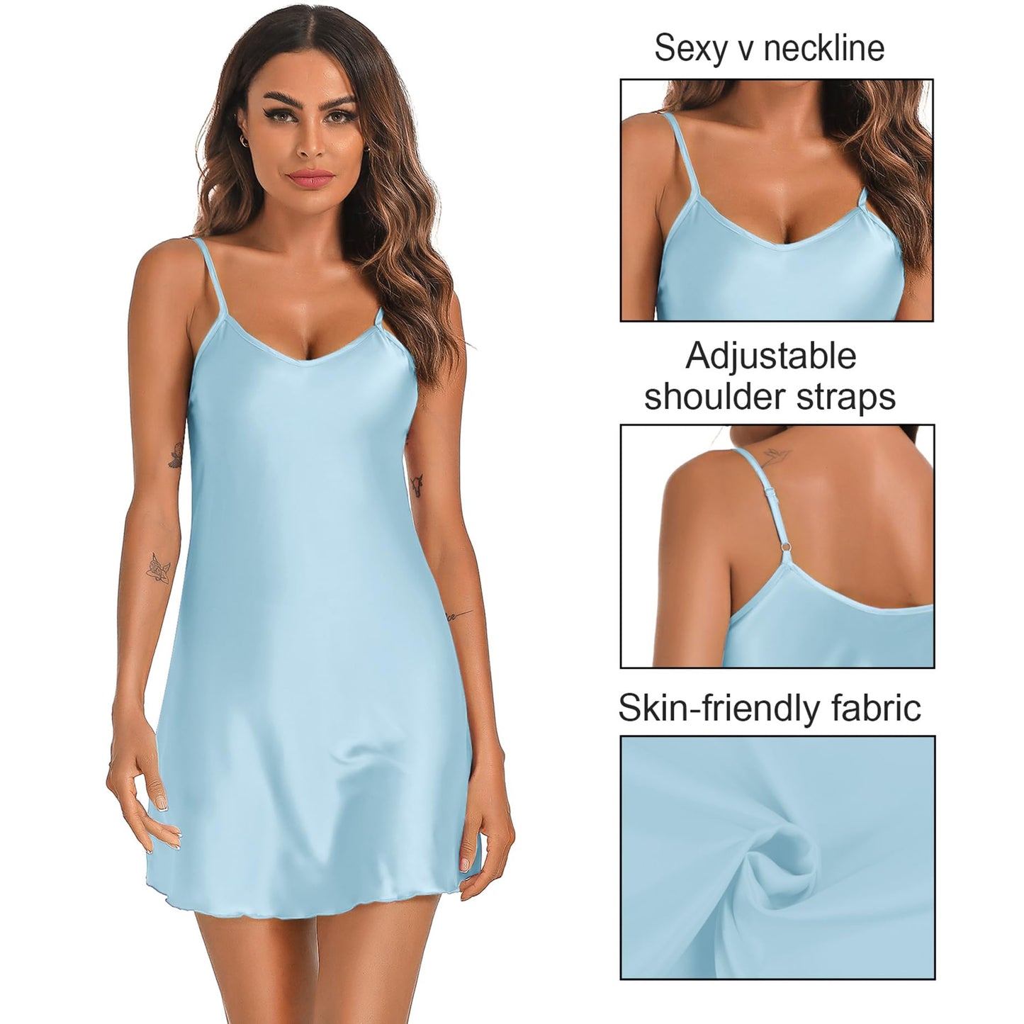 Litherday Negligee Women's Sexy Babydoll Short Satin Nightdress V-Neck Night Dress Summer Sleepwear Sleepwear Pack of 2