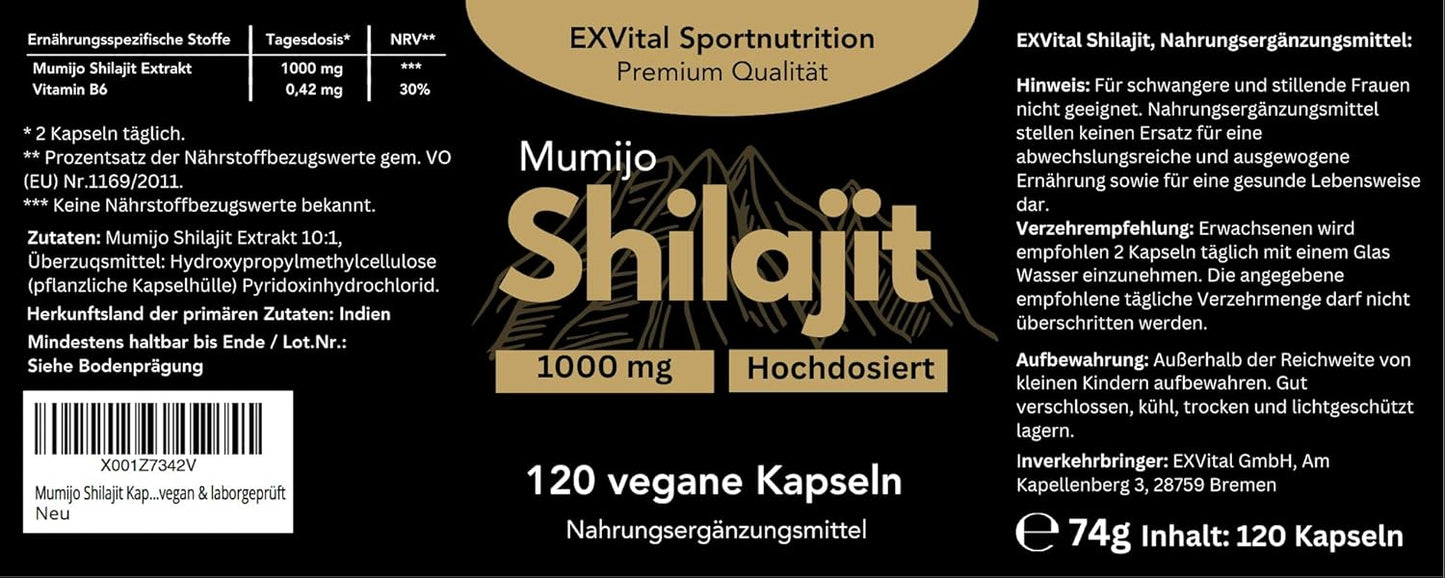 Mumijo Shilajit Capsules, High Dose 1000 mg per Daily Dose, The Original from the Himalayas, 120 Capsules, Vegan & Laboratory Tested