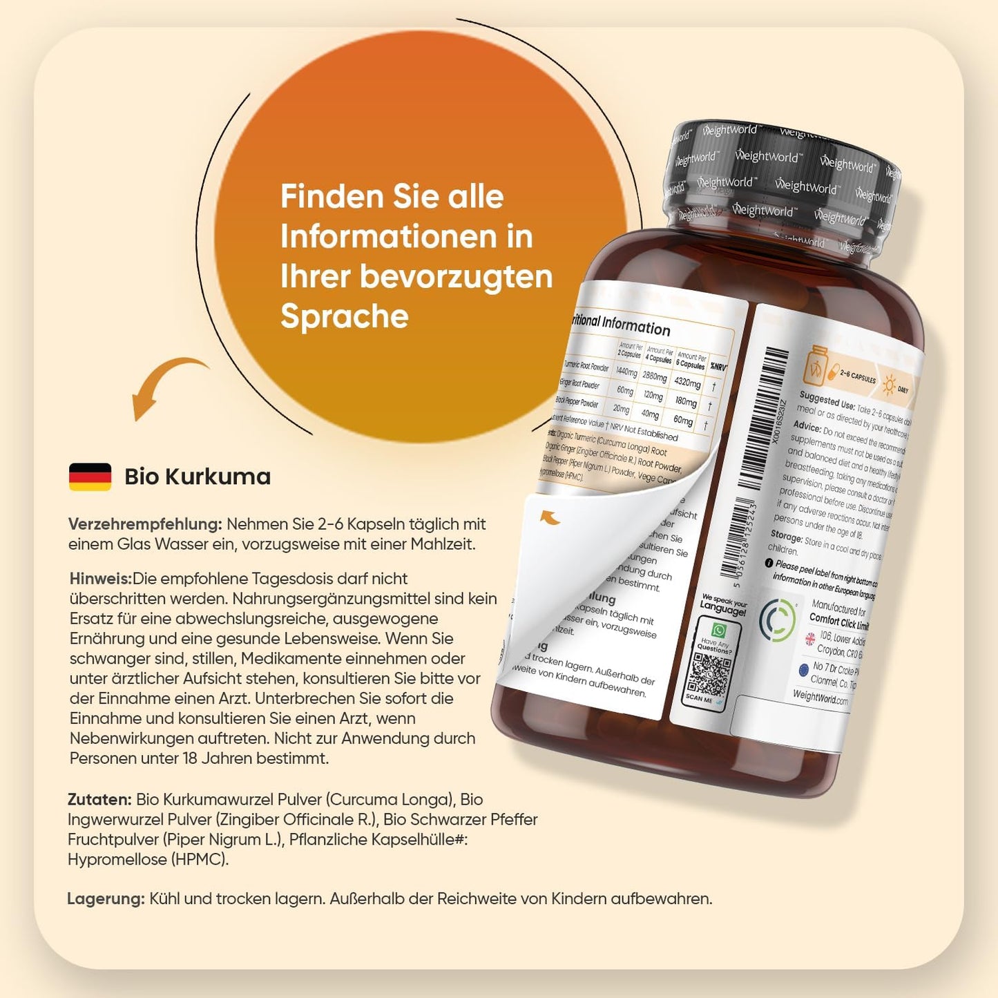 BIO Kurkuma Kapseln - Schwarzer Pfeffer & Ingwer mit Curcumin - Kurkuma und Ingwer Pulver - 180 Kapseln - Vegan - WeightWorld