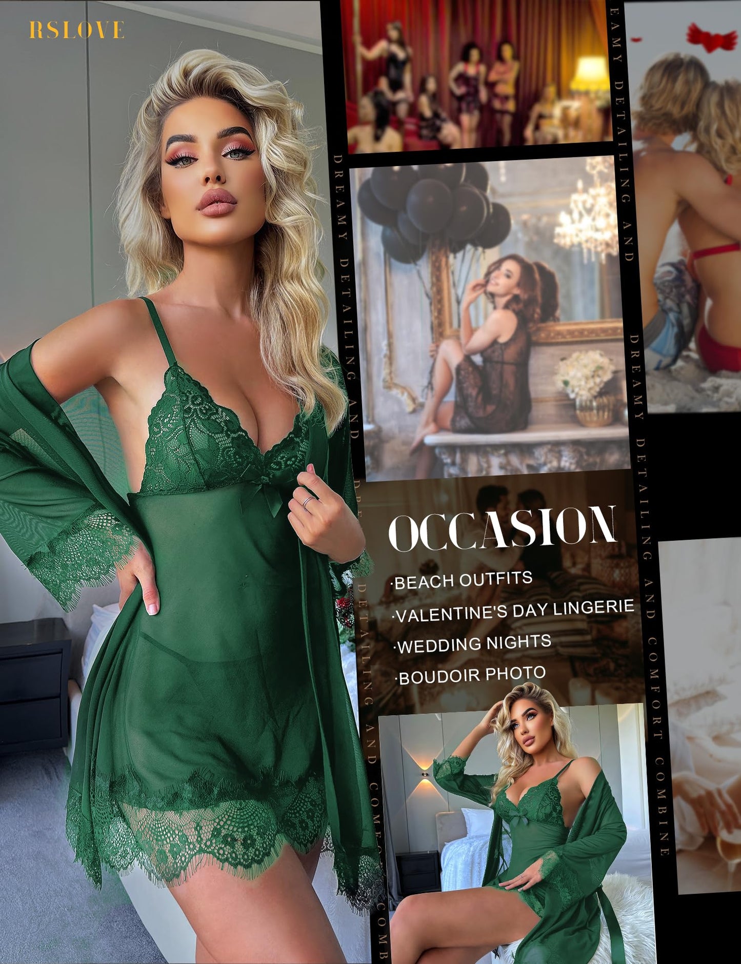 RSLOVE Sexy Lingerie for Women, Lace Babydoll with Dressing Gown, Night Dress, Sleepwear