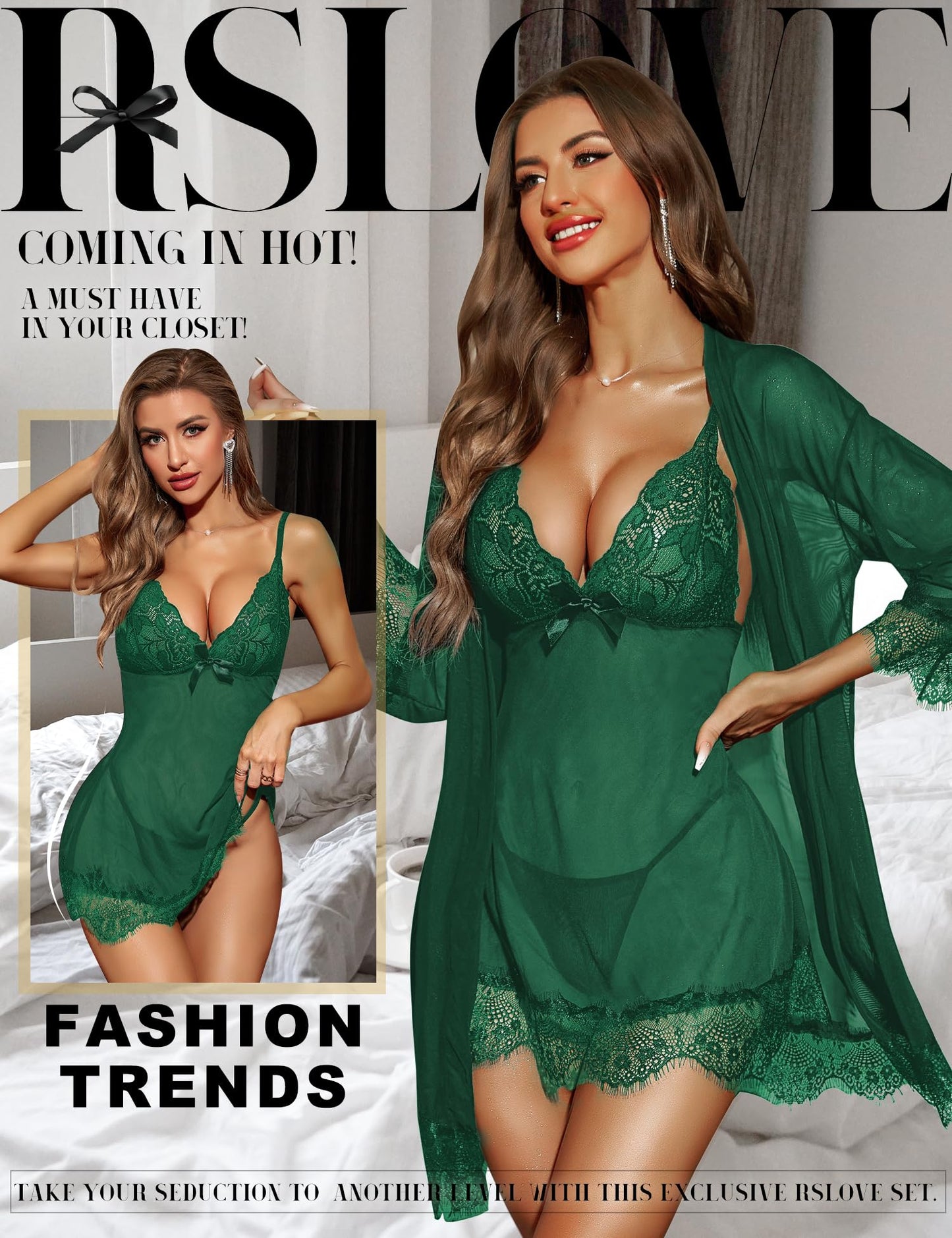 RSLOVE Sexy Lingerie for Women, Lace Babydoll with Dressing Gown, Night Dress, Sleepwear
