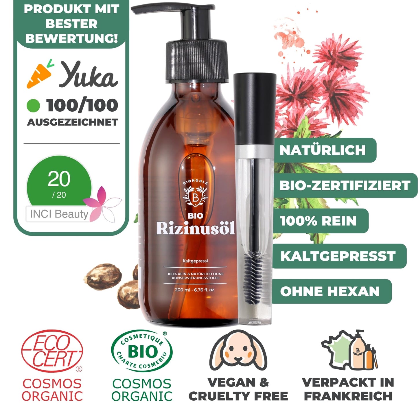 Bionoble Organic Castor Oil, 50 ml, 100% Pure, Natural and Cold Pressed, for Eyelashes, Eyebrows, Hair, Beard, Nails, Vegan and Cruelty-Free, Glass Bottle + Pipette + Pump