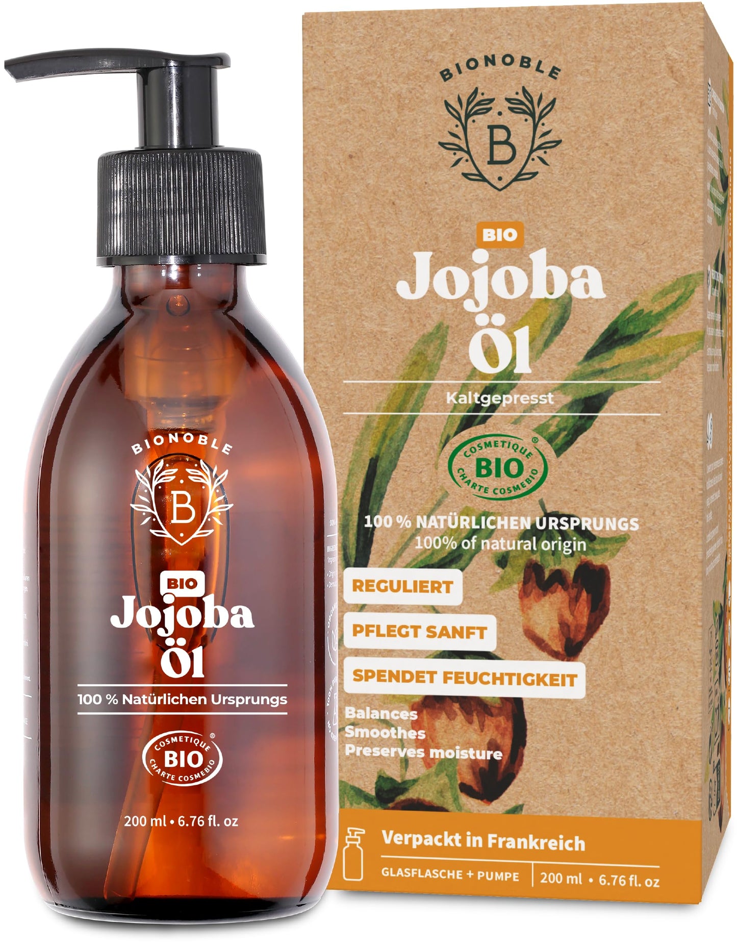 Bionoble Organic Castor Oil, 50 ml, 100% Pure, Natural and Cold Pressed, for Eyelashes, Eyebrows, Hair, Beard, Nails, Vegan and Cruelty-Free, Glass Bottle + Pipette + Pump