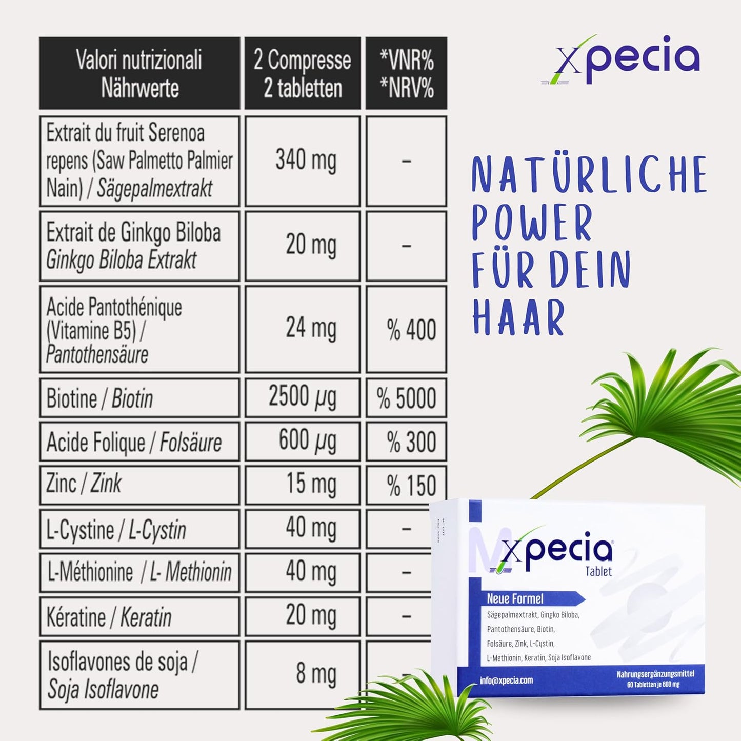 Xpecia DHT Blocker mit Biotin und Sägepalmextrakt - Gegen Haarausfall Männer - Ginko Wurzel, Haar Vitamine, Sägepalme - Haarwachstum beschleunigen - Nachbehandlung Haartransplantationen