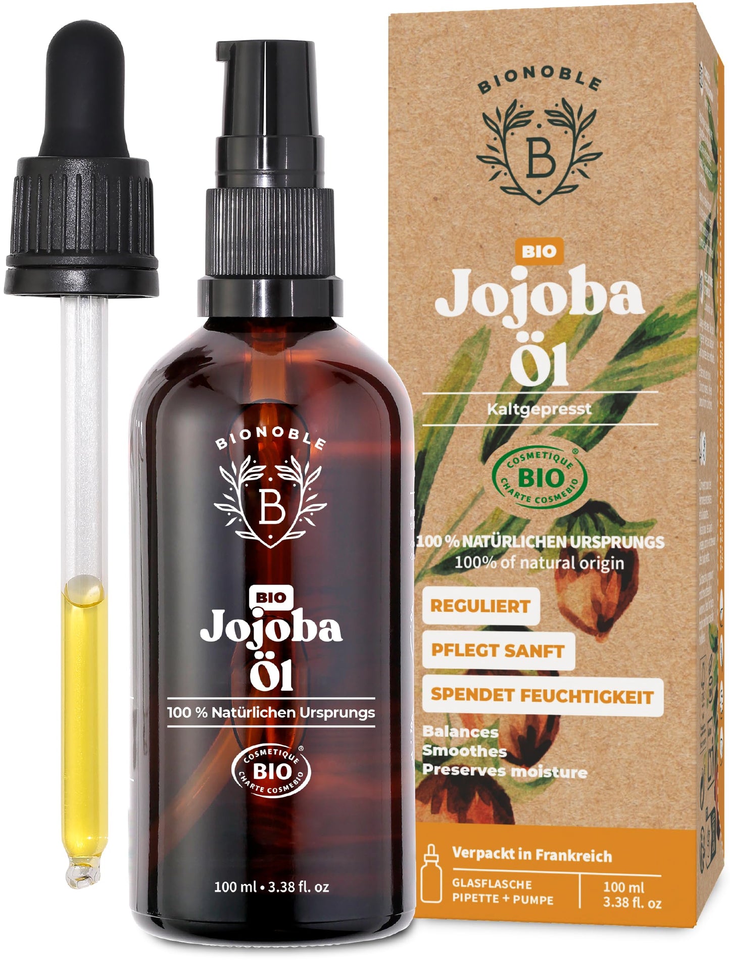 Bionoble Organic Castor Oil, 50 ml, 100% Pure, Natural and Cold Pressed, for Eyelashes, Eyebrows, Hair, Beard, Nails, Vegan and Cruelty-Free, Glass Bottle + Pipette + Pump