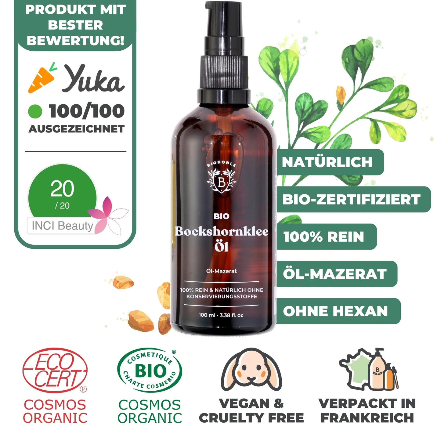 Bionoble Organic Castor Oil, 50 ml, 100% Pure, Natural and Cold Pressed, for Eyelashes, Eyebrows, Hair, Beard, Nails, Vegan and Cruelty-Free, Glass Bottle + Pipette + Pump
