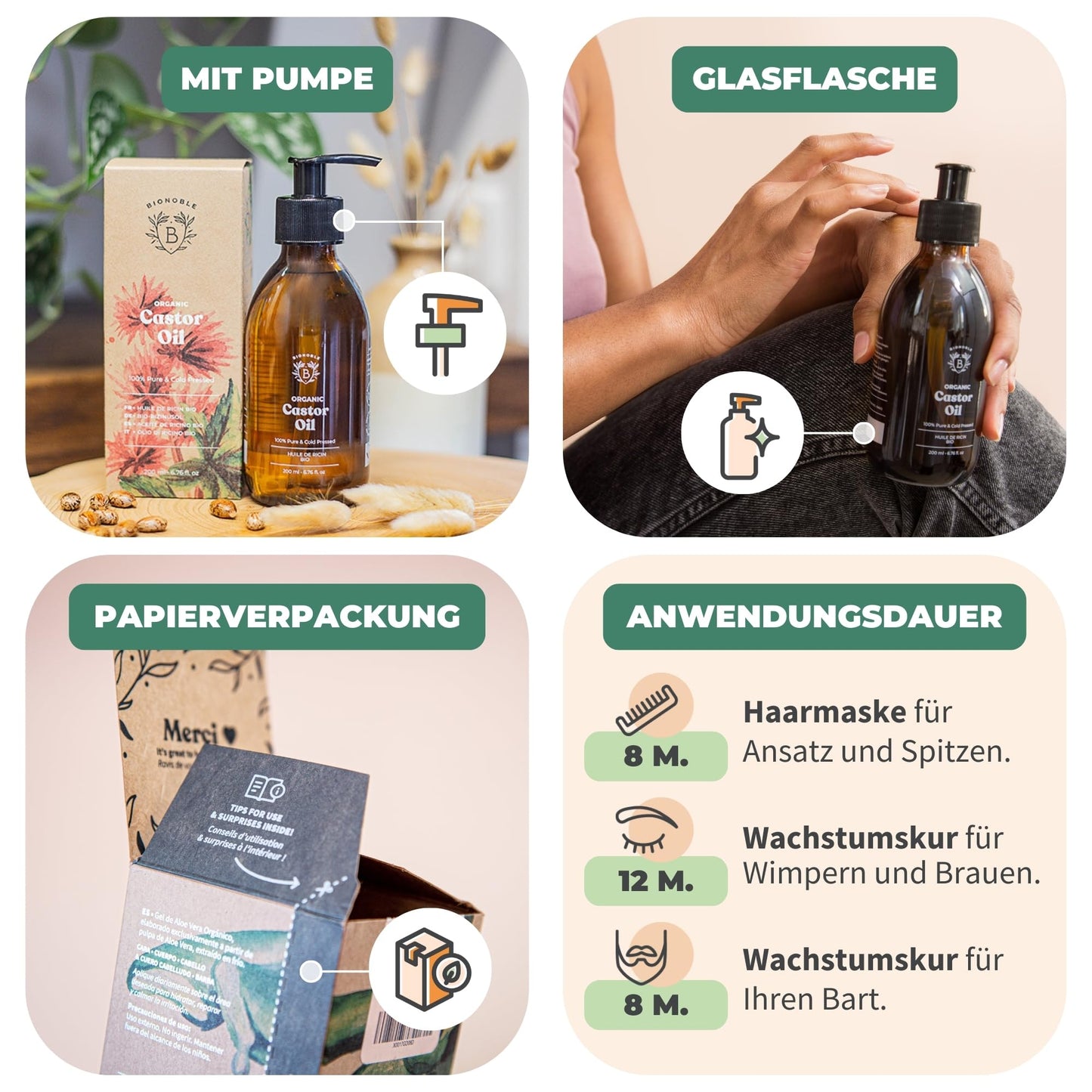 Bionoble Organic Castor Oil, 50 ml, 100% Pure, Natural and Cold Pressed, for Eyelashes, Eyebrows, Hair, Beard, Nails, Vegan and Cruelty-Free, Glass Bottle + Pipette + Pump