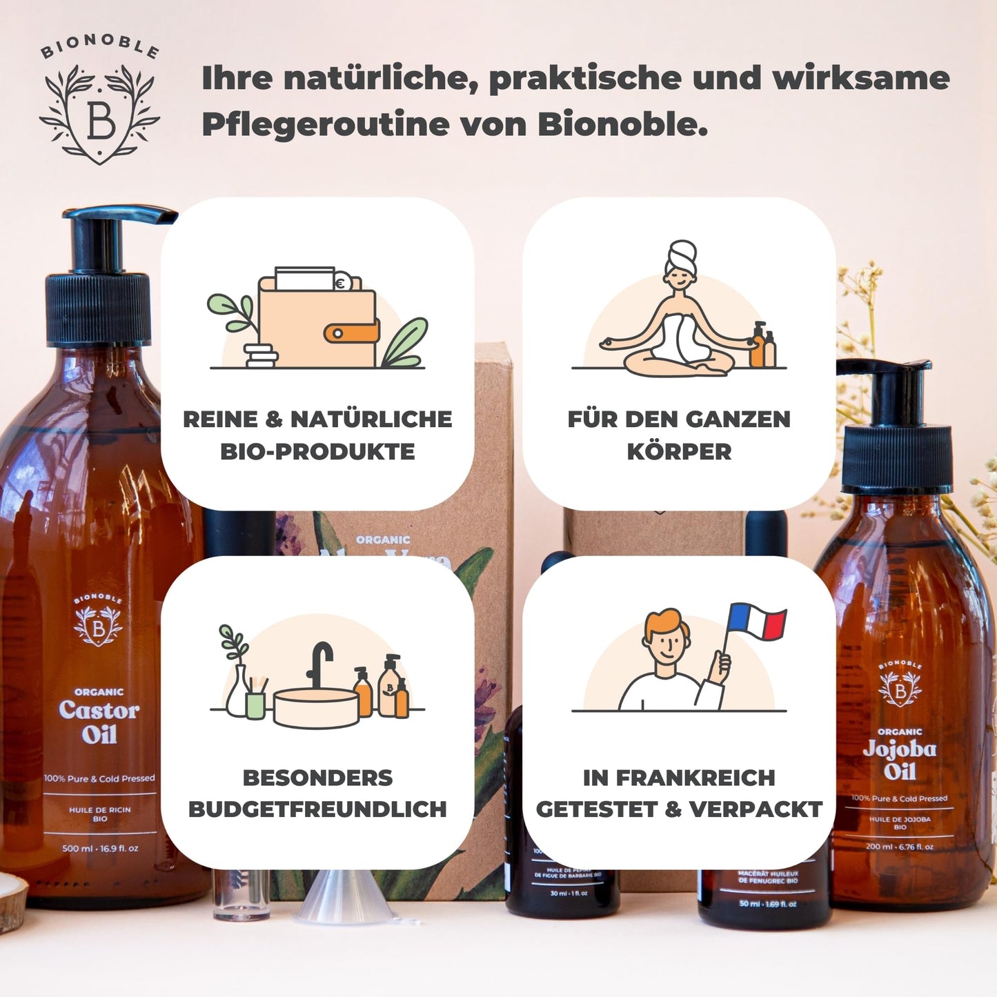 Bionoble Organic Castor Oil, 50 ml, 100% Pure, Natural and Cold Pressed, for Eyelashes, Eyebrows, Hair, Beard, Nails, Vegan and Cruelty-Free, Glass Bottle + Pipette + Pump