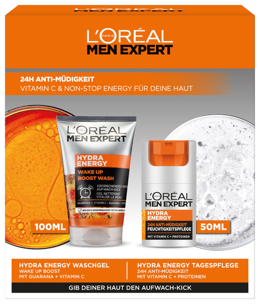 L'Oréal Men Expert Pflegeset gegen müde Haut für Männer, Geschenkset mit Waschgel und Gesichtscreme 24H Anti-Müdigkeit, Geschenke für Herren mit Vitamin C, Hydra Energy, 1 x 100 ml, 1 x 50 ml
