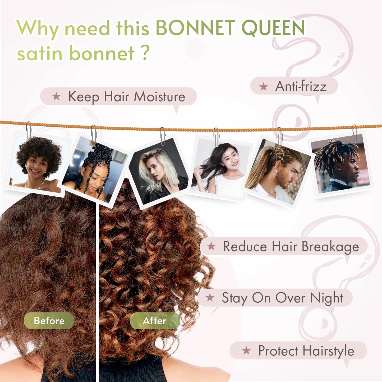 BONNET QUEEN Satin Silk Sleep Cap, Adjustable Women’s/Men’s Bonnet, Night Hair Care Protection Head Cap for Curly, Long Hair, Smooth, Breathable (M, Black)