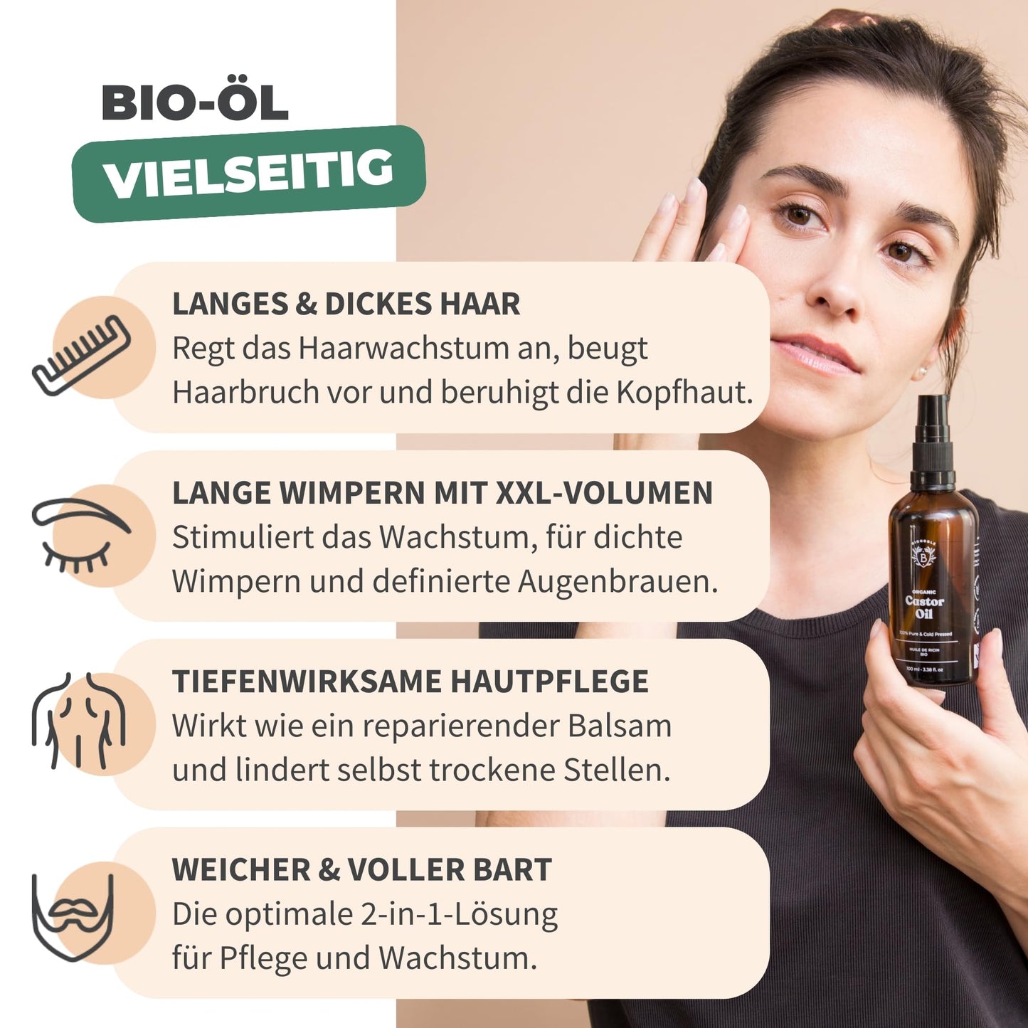 Bionoble Organic Castor Oil, 50 ml, 100% Pure, Natural and Cold Pressed, for Eyelashes, Eyebrows, Hair, Beard, Nails, Vegan and Cruelty-Free, Glass Bottle + Pipette + Pump