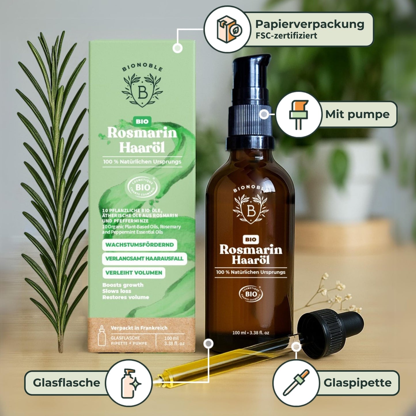 Bionoble Organic Castor Oil, 50 ml, 100% Pure, Natural and Cold Pressed, for Eyelashes, Eyebrows, Hair, Beard, Nails, Vegan and Cruelty-Free, Glass Bottle + Pipette + Pump