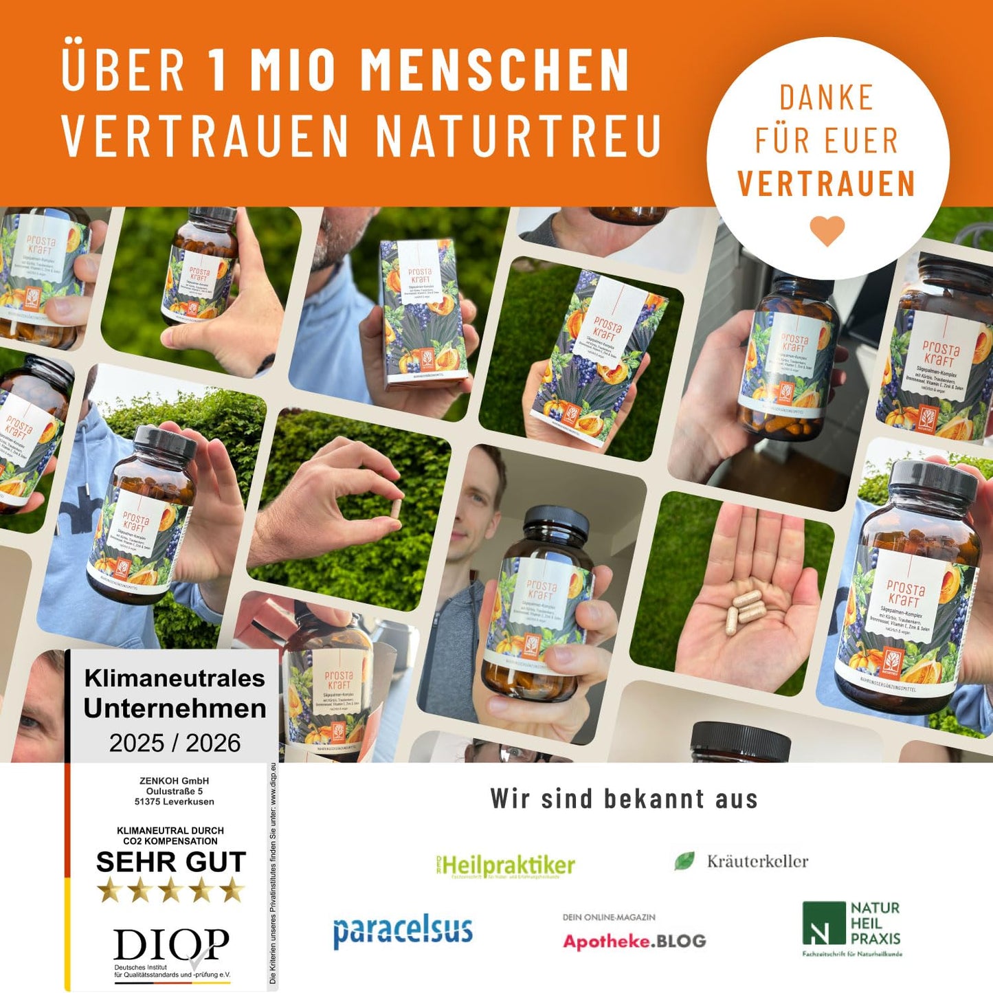 NATURTREU® Prostakraft - 120 vegane Kapseln hochdosiert mit Sägepalmenextrakt (500 mg), Brennnessel, Kürbiskern mit Vitamin E, Zink, Selen - 2 Monatsvorrat