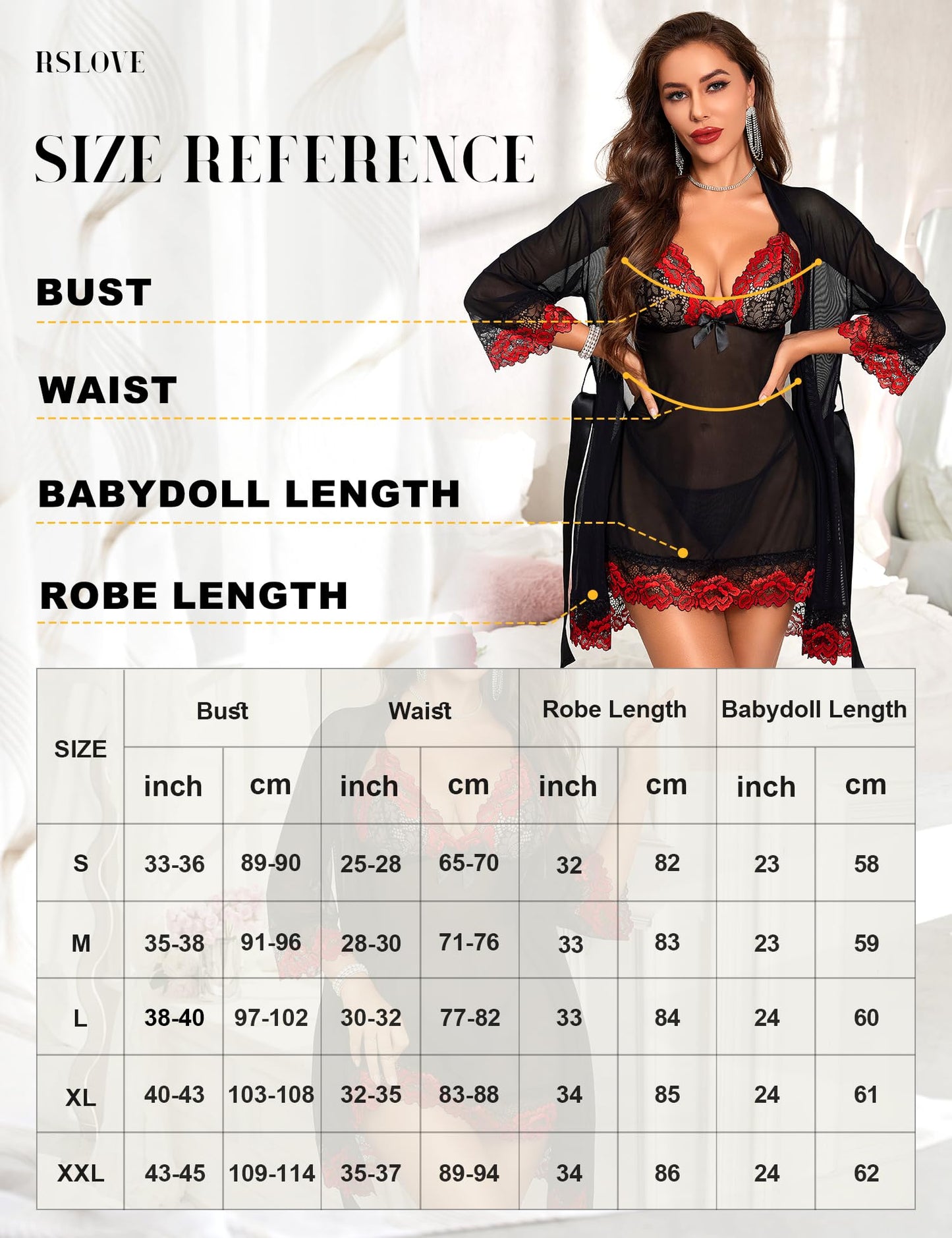 RSLOVE Sexy Lingerie for Women, Lace Babydoll with Dressing Gown, Night Dress, Sleepwear