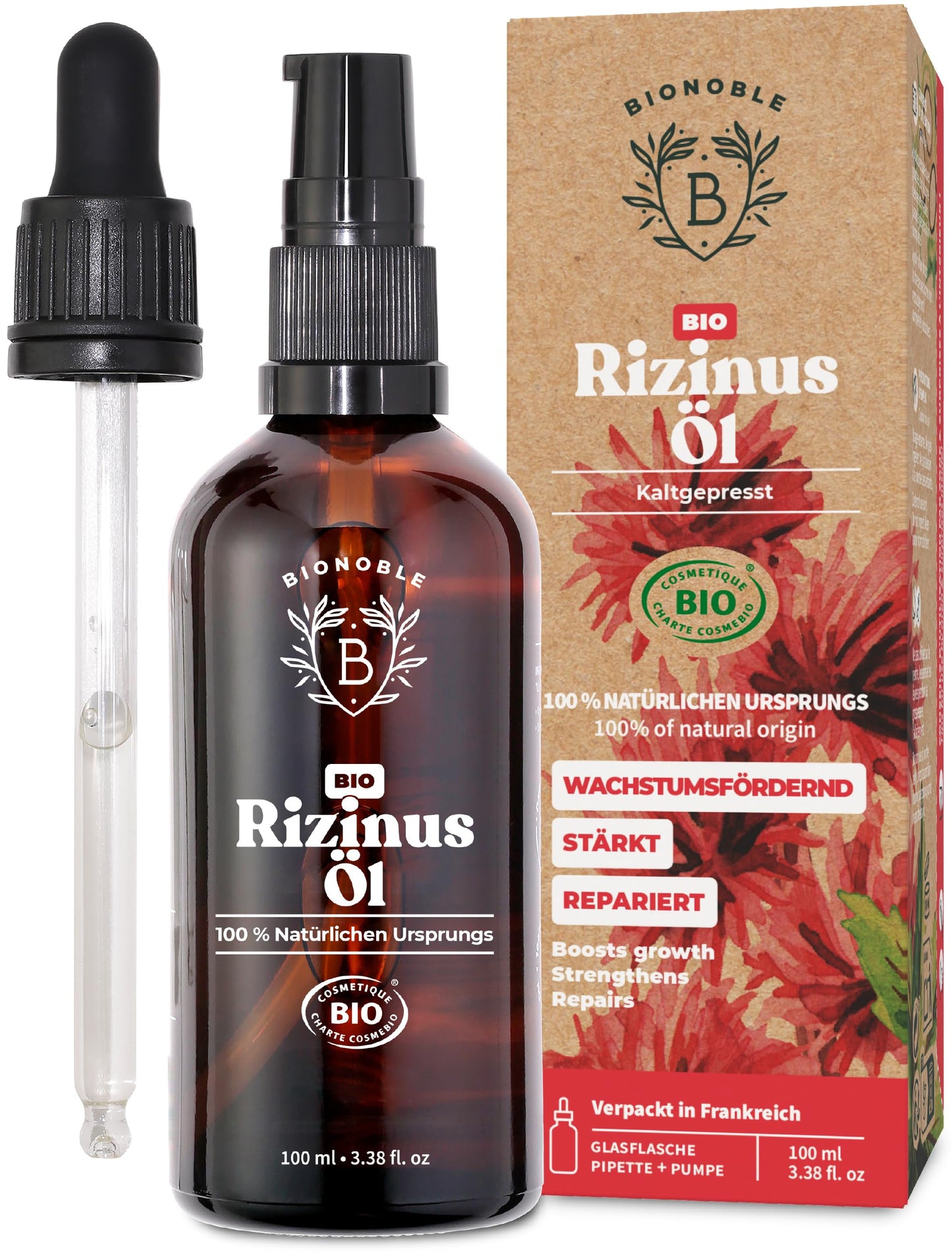 Bionoble Organic Castor Oil, 50 ml, 100% Pure, Natural and Cold Pressed, for Eyelashes, Eyebrows, Hair, Beard, Nails, Vegan and Cruelty-Free, Glass Bottle + Pipette + Pump