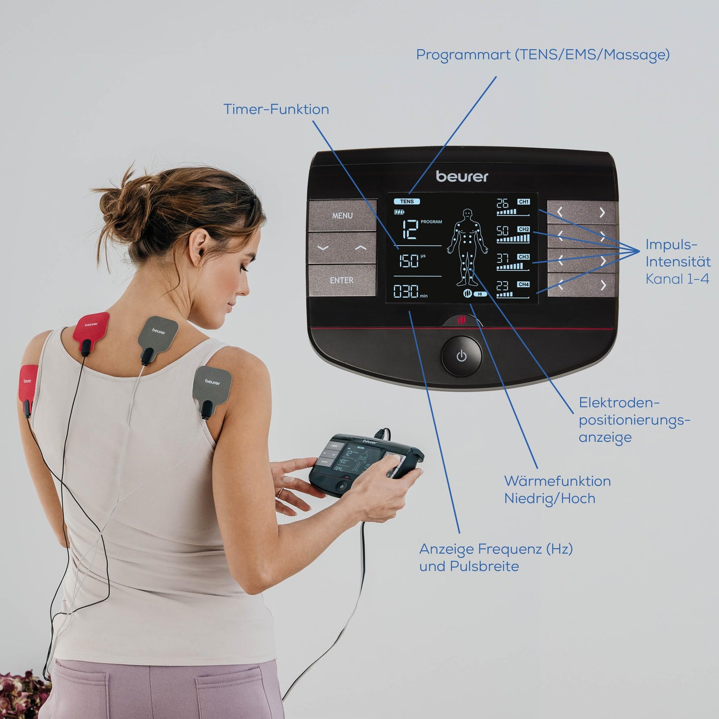 Beurer EM 89 Digital TENS/EMS Gerät mit Wärmefunktion, 4-in-1 Funktion zur Schmerztherapie, Muskelstimulation, Massage und Wärmetherapie, 4 getrennt regelbare Kanäle, 8 Elektroden & Akku