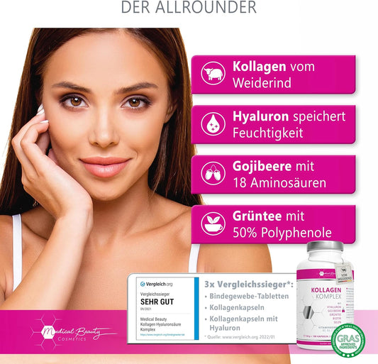 Premium Kollagen Hyaluronsäure Komplex - mit dem Superfood Gojibeere und Grüntee - 180 Kollagen Kapseln vom Weiderind. 1000mg Kollagen Hydrolysat, Biotin, Selen, Zink, Vitamine C, B2, B3.