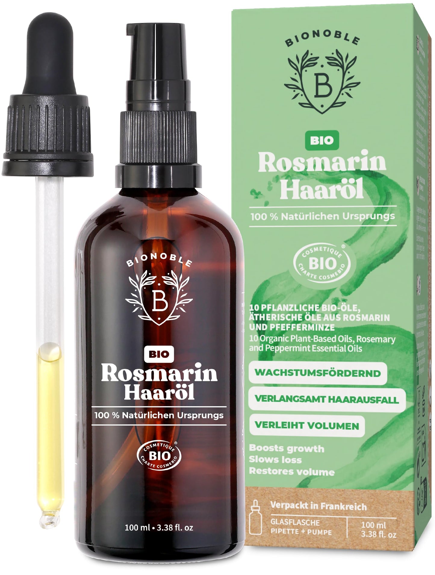 Bionoble Organic Castor Oil, 50 ml, 100% Pure, Natural and Cold Pressed, for Eyelashes, Eyebrows, Hair, Beard, Nails, Vegan and Cruelty-Free, Glass Bottle + Pipette + Pump