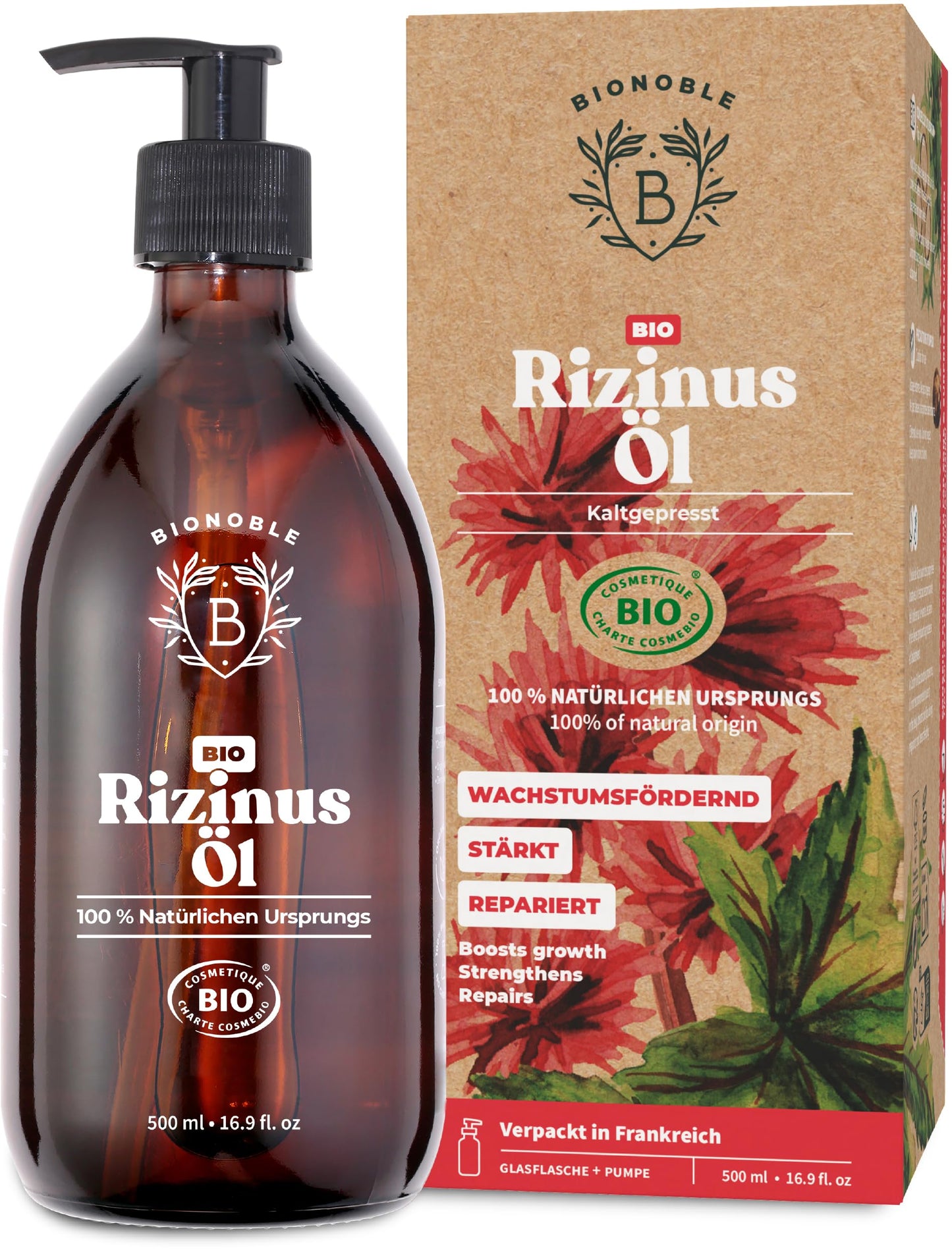 Bionoble Organic Castor Oil, 50 ml, 100% Pure, Natural and Cold Pressed, for Eyelashes, Eyebrows, Hair, Beard, Nails, Vegan and Cruelty-Free, Glass Bottle + Pipette + Pump