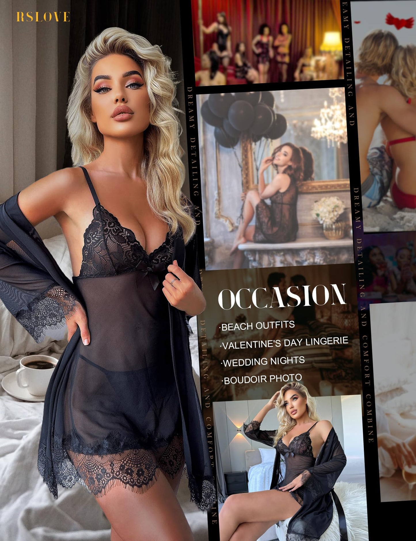 RSLOVE Sexy Lingerie for Women, Lace Babydoll with Dressing Gown, Night Dress, Sleepwear