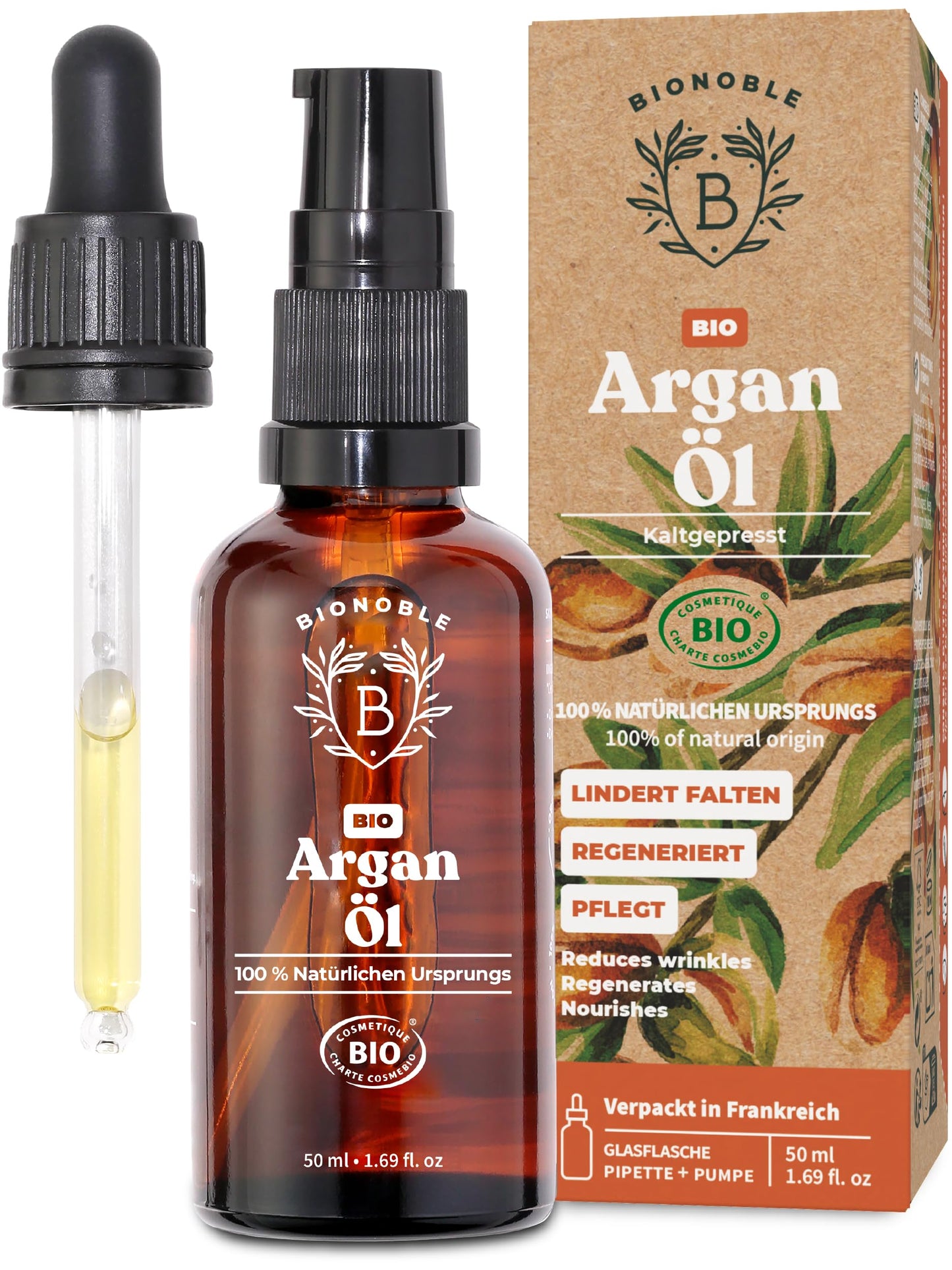 Bionoble Organic Castor Oil, 50 ml, 100% Pure, Natural and Cold Pressed, for Eyelashes, Eyebrows, Hair, Beard, Nails, Vegan and Cruelty-Free, Glass Bottle + Pipette + Pump