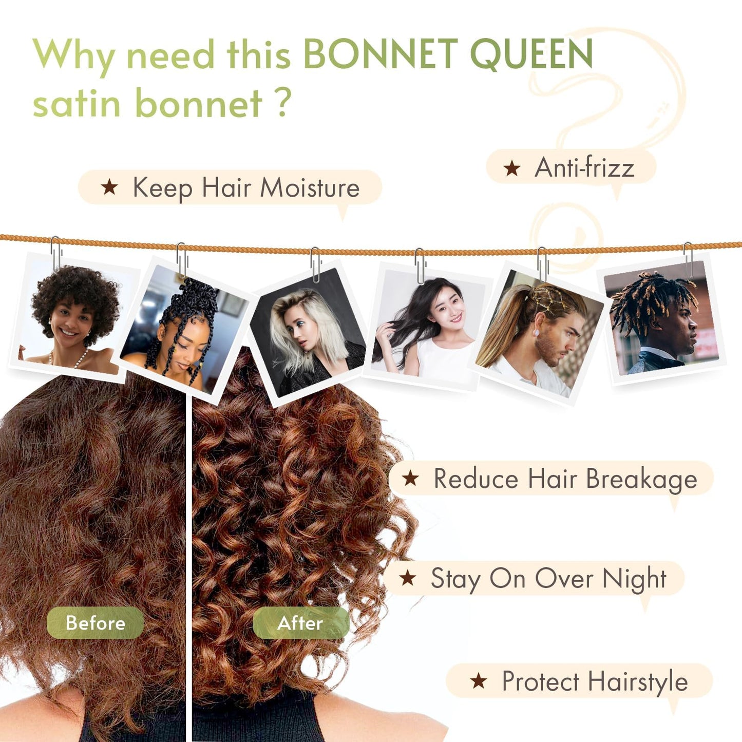 BONNET QUEEN Satin Silk Sleep Cap, Adjustable Women’s/Men’s Bonnet, Night Hair Care Protection Head Cap for Curly, Long Hair, Smooth, Breathable (M, Black)