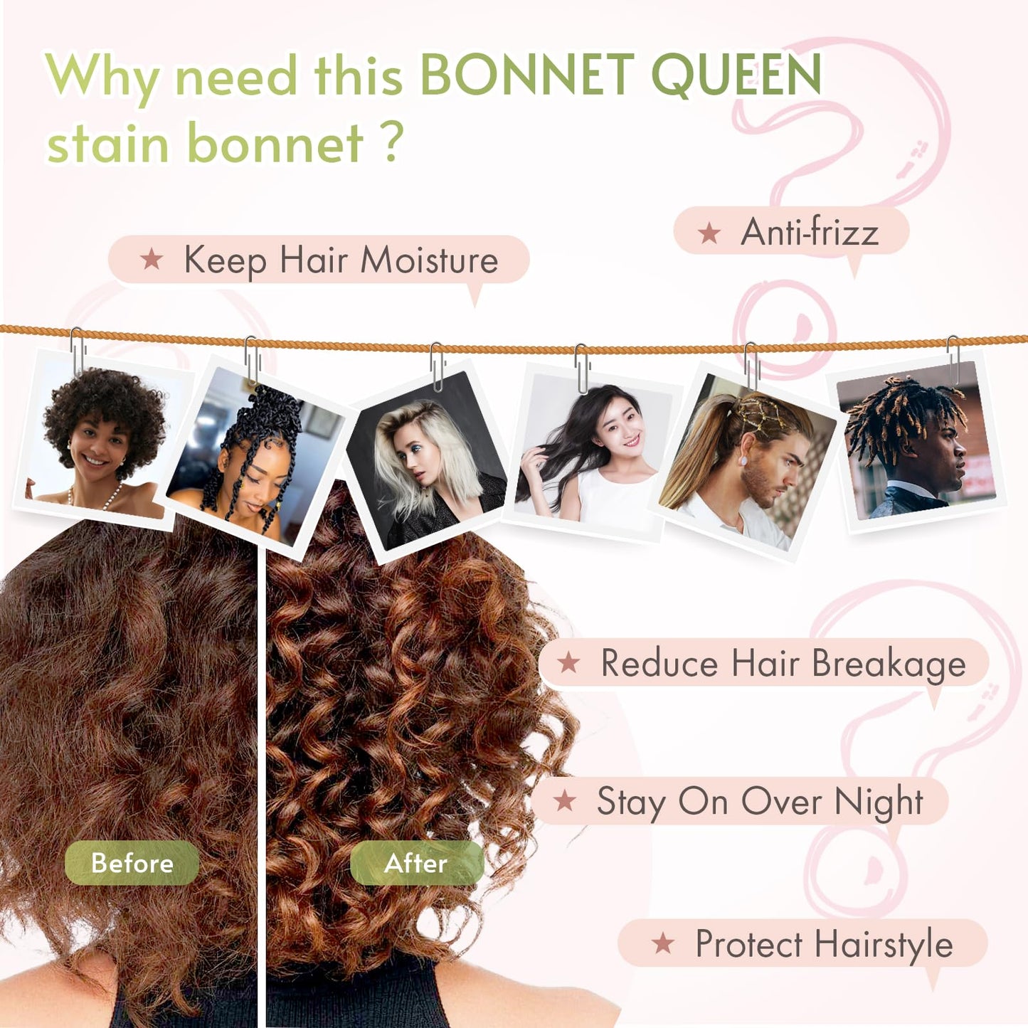 BONNET QUEEN Satin Silk Sleep Cap, Adjustable Women’s/Men’s Bonnet, Night Hair Care Protection Head Cap for Curly, Long Hair, Smooth, Breathable (M, Black)