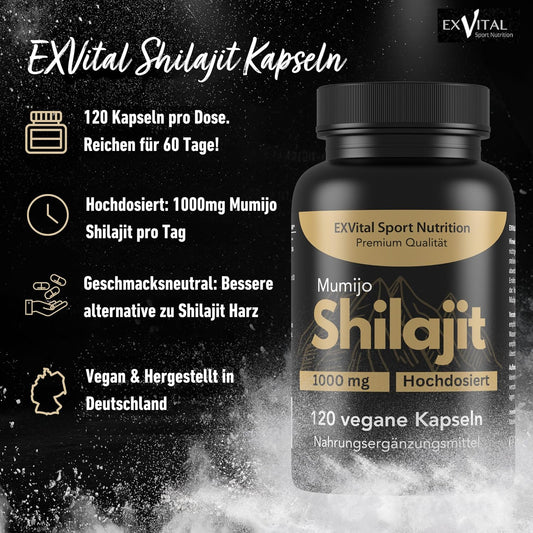 Mumijo Shilajit Capsules, High Dose 1000 mg per Daily Dose, The Original from the Himalayas, 120 Capsules, Vegan & Laboratory Tested
