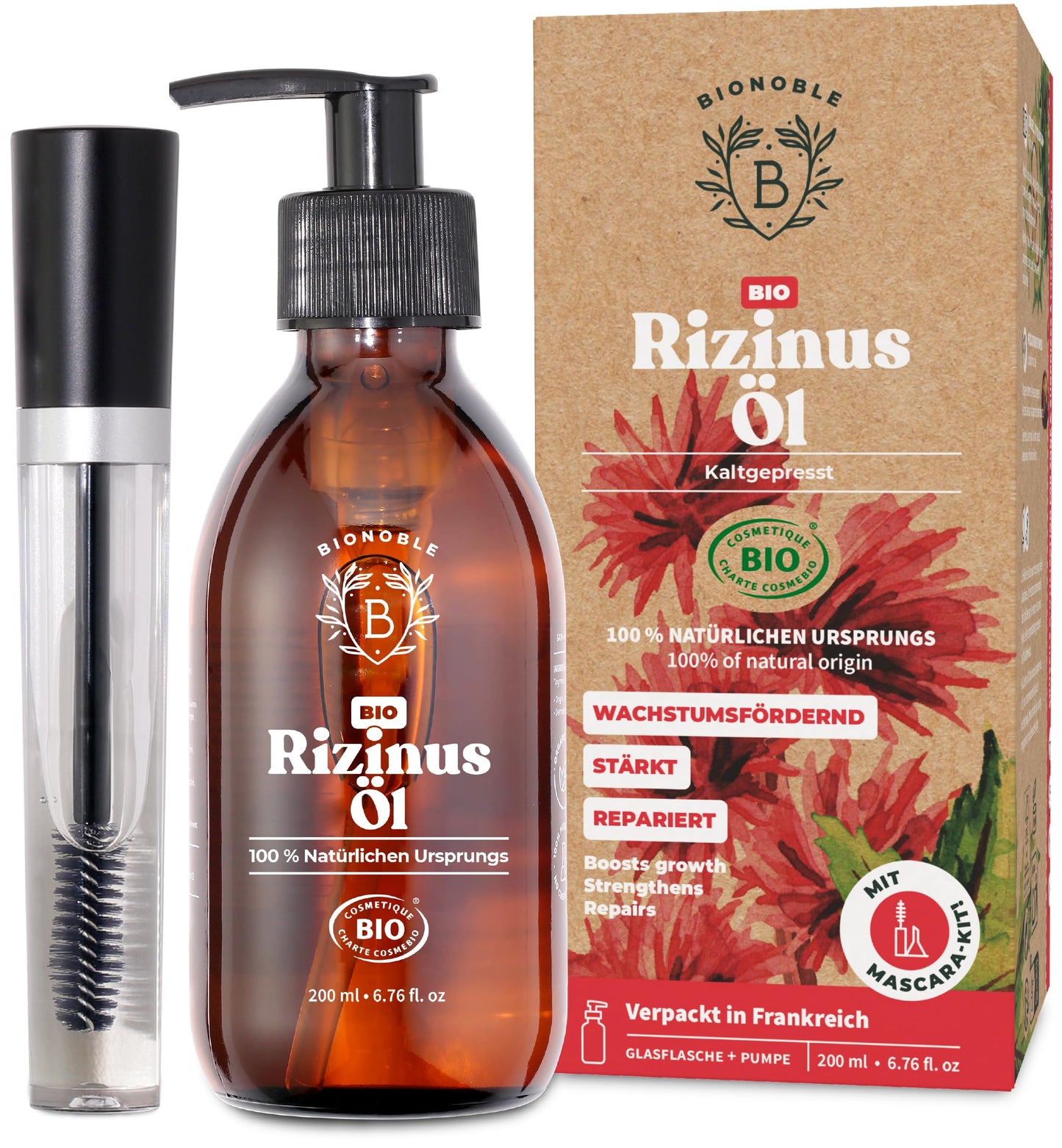 Bionoble Organic Castor Oil, 50 ml, 100% Pure, Natural and Cold Pressed, for Eyelashes, Eyebrows, Hair, Beard, Nails, Vegan and Cruelty-Free, Glass Bottle + Pipette + Pump