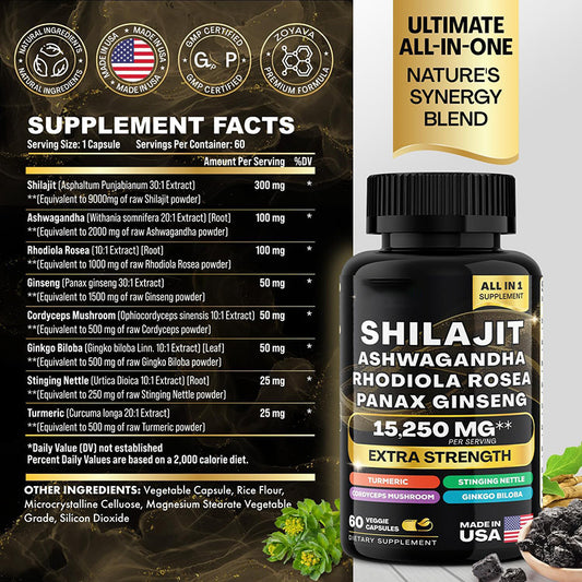 Shilajit Pure Himalayan 9000MG, Energy Booster Ashwagandha 2000MG, Rhodiola Rosea 999MG, Panax Ginseng 1500MG, Turmeric 500MG, Ginkgo Biloba 500MG, Stinging Nettle 250MG Cordyceps Mushroom 500