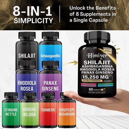 Shilajit 9000 Panax Ginseng 1500MG Ashwagandha 2000MG Rhodiola Rosea 999MG, Turmeric 500MG, Gingko Biloba 500MG, Stinging Nettle 250MG, Cordyceps Mushroom 500MG  60 Caps