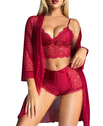 RSLOVE Sexy Lingerie Set for Women - Lace Underwear Dressing Gown with Bra and Panties