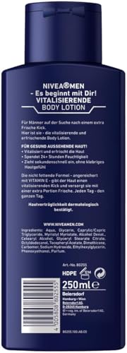 NIVEA MEN Body Lotion Revitalising, Non-Greasy Body Cream with Vitamin E, Fast Absorbing and Refreshing Body Milk for Normal Skin (250 ml)