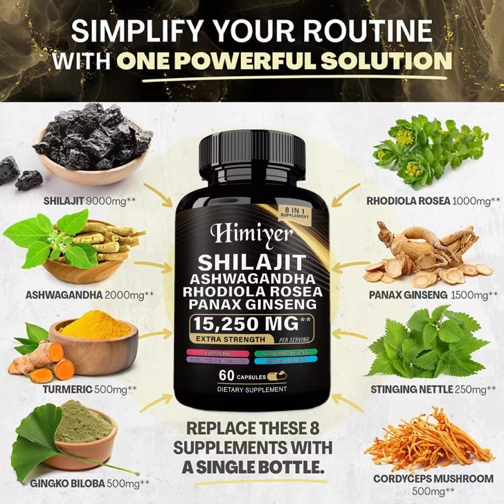Shilajit 9000 Panax Ginseng 1500MG Ashwagandha 2000MG Rhodiola Rosea 999MG, Turmeric 500MG, Gingko Biloba 500MG, Stinging Nettle 250MG, Cordyceps Mushroom 500MG  60 Caps