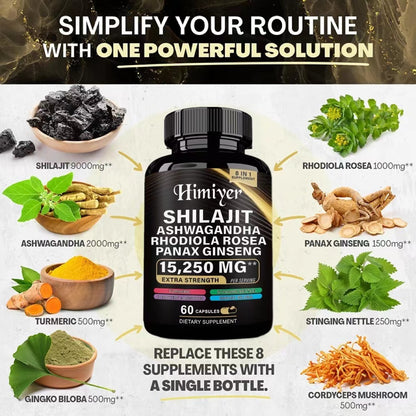 Shilajit 9000 Panax Ginseng 1500MG Ashwagandha 2000MG Rhodiola Rosea 999MG, Turmeric 500MG, Gingko Biloba 500MG, Stinging Nettle 250MG, Cordyceps Mushroom 500MG  60 Caps